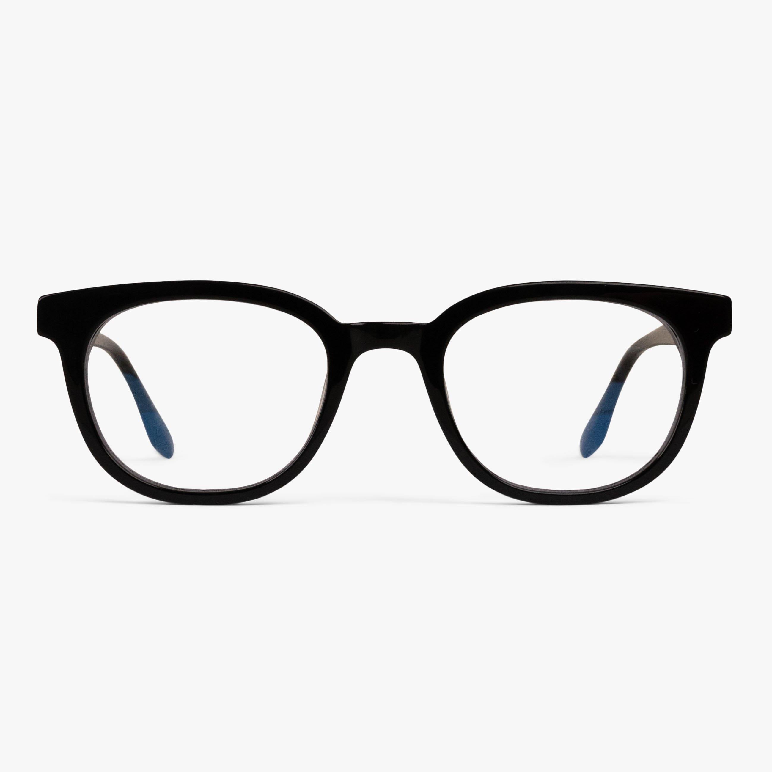 Borås Black round glasses with black frames and blue temple tips