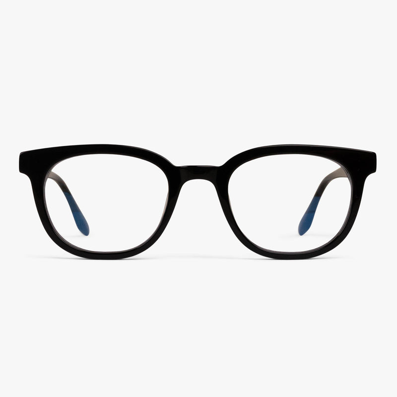 Borås Black round glasses with black frames and blue temple tips