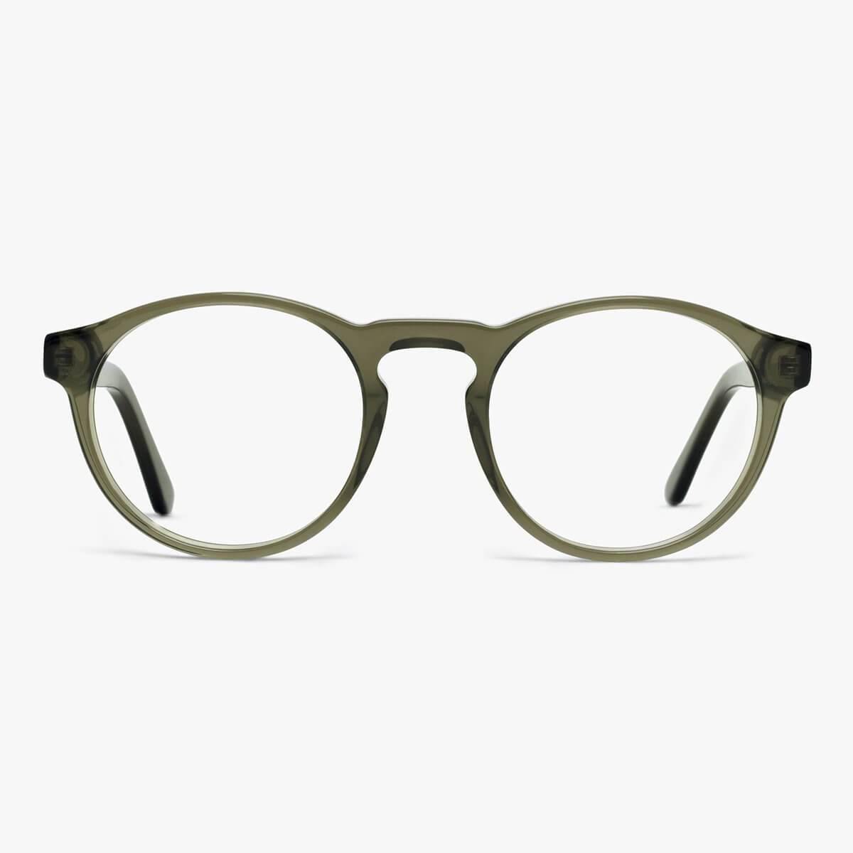 Luxreaders stylish Trondheim Shiny Olive Blue light glasses. Made from Acetate in a Round shape.