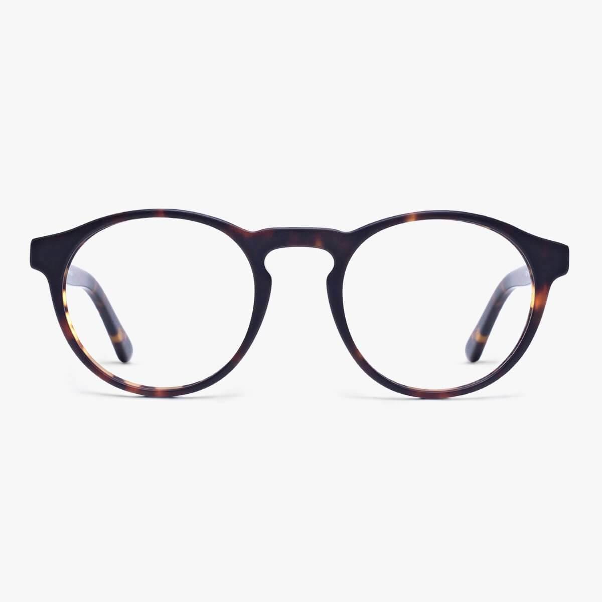 Luxreaders stylish Women's Trondheim Dark Turtle Blue light glasses. Made from Acetate in a Round shape.