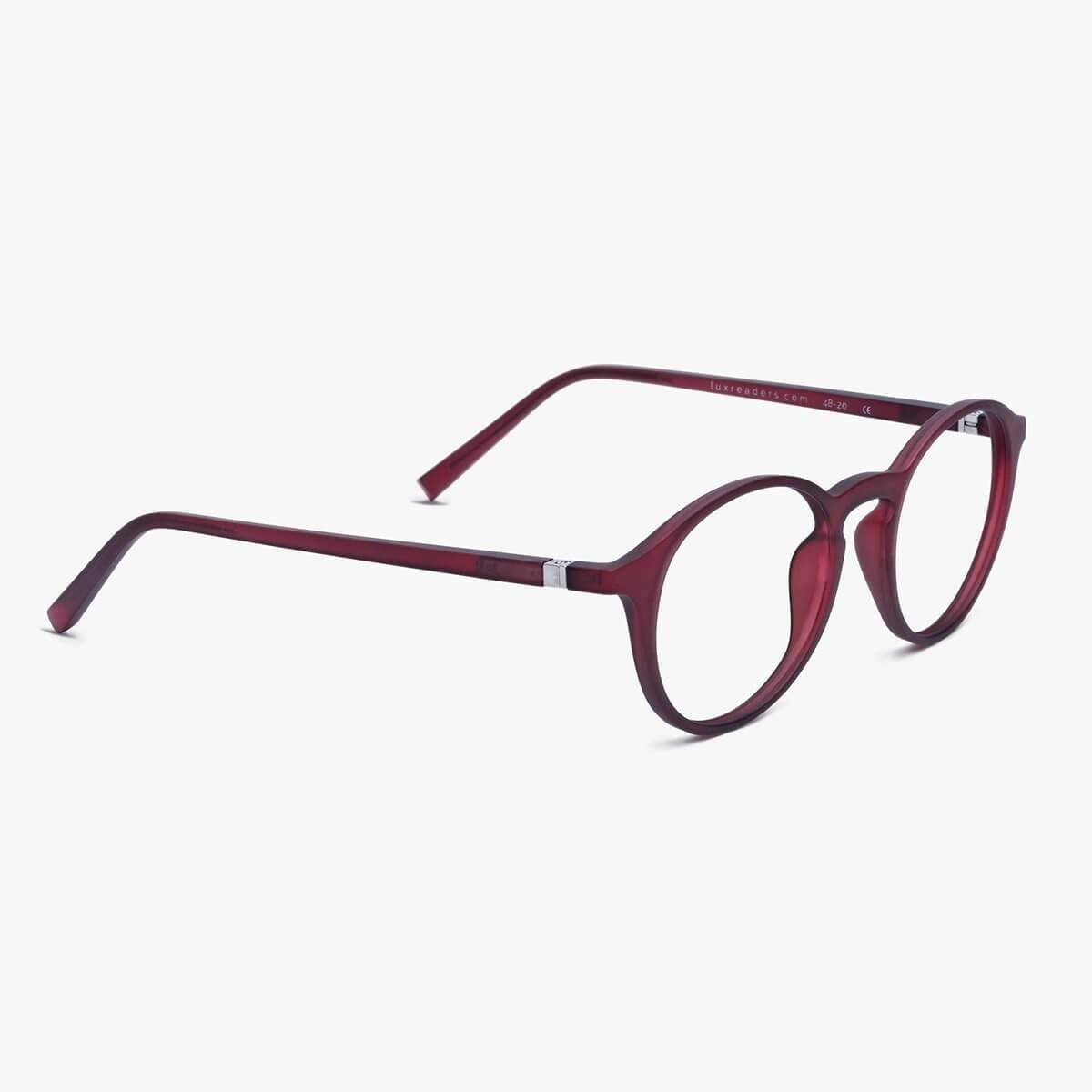 Luxreaders stylish Women's Læsø Red Reading glasses. Made from Rubber in a Round shape.
