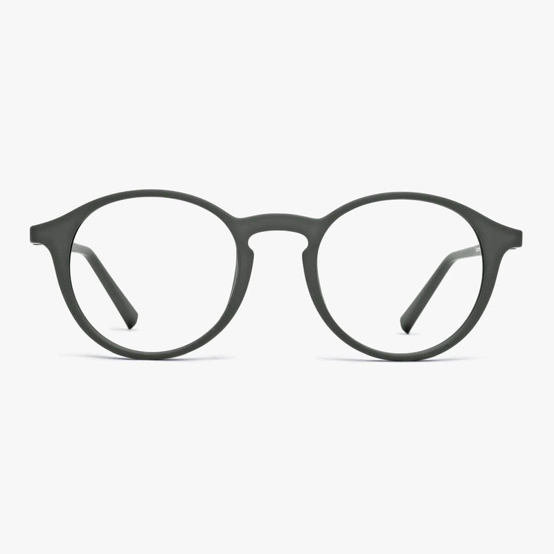 Round dark army reading glasses with sleek matte finish