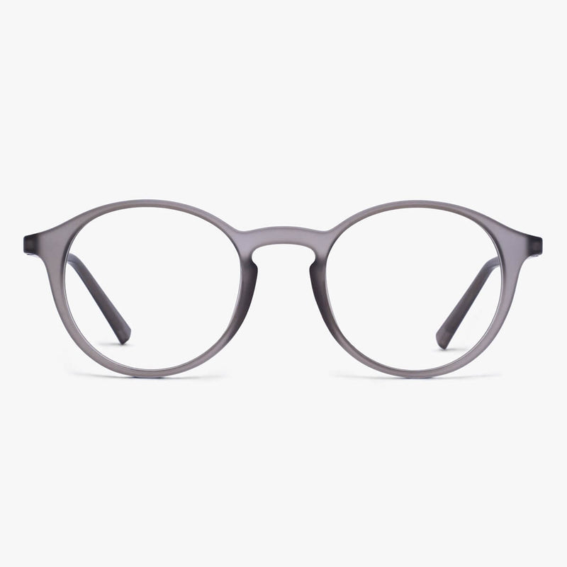 Round grey reading glasses with matte finish