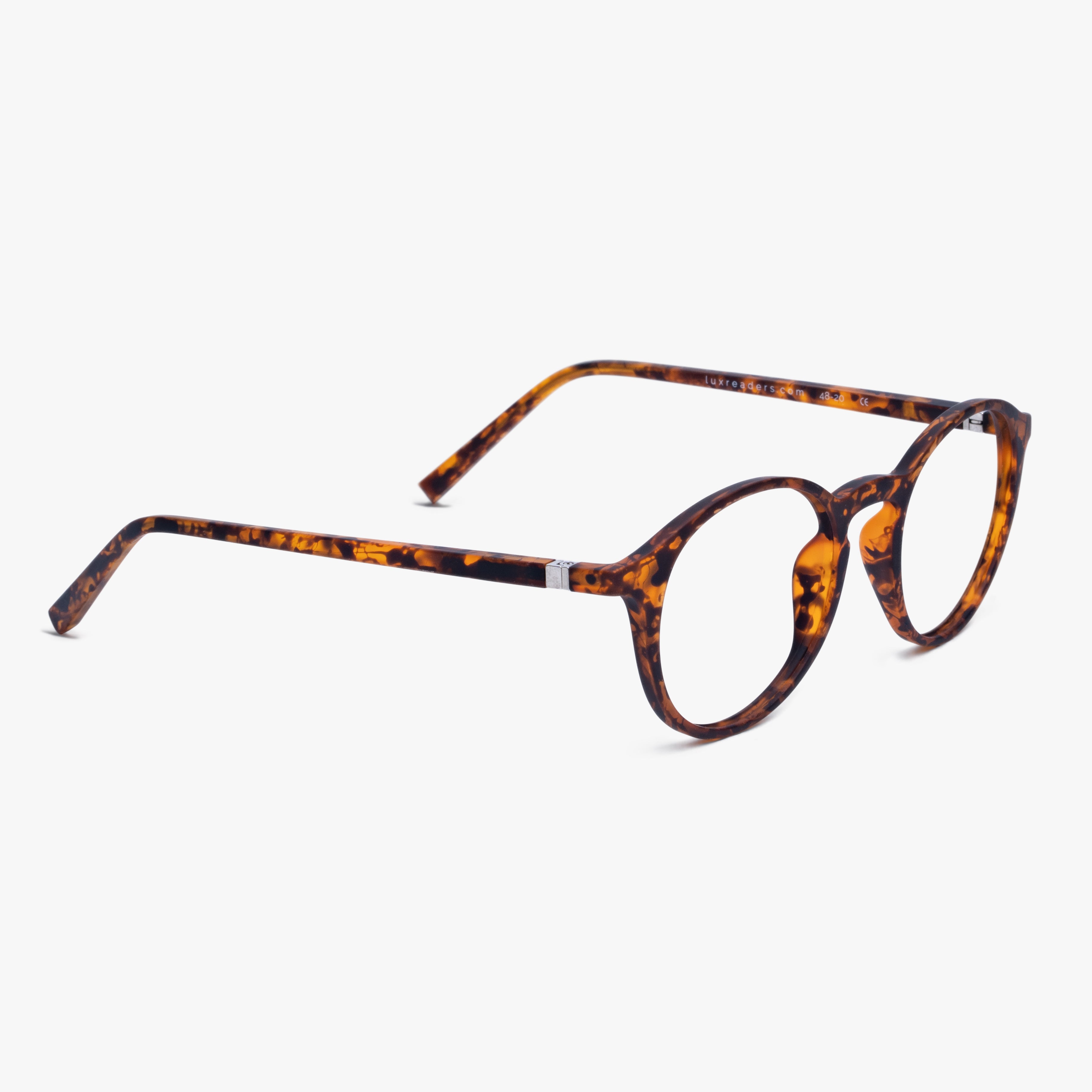 Tortoiseshell round reading glasses with Luxreaders logo on the temple