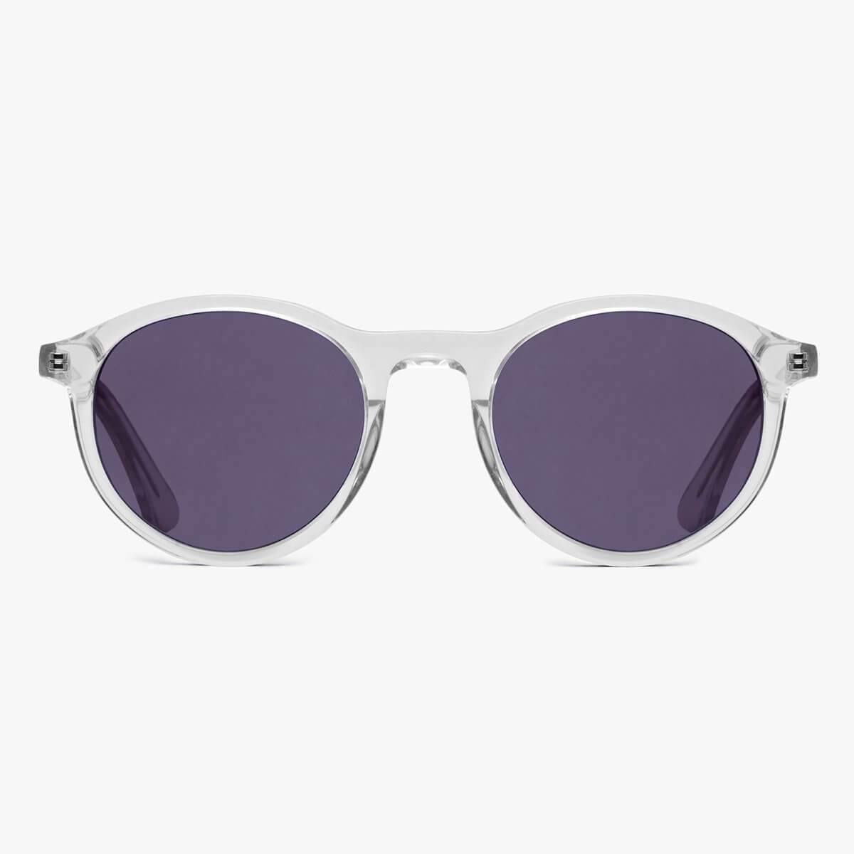 Round crystal white sunglasses with dark lenses