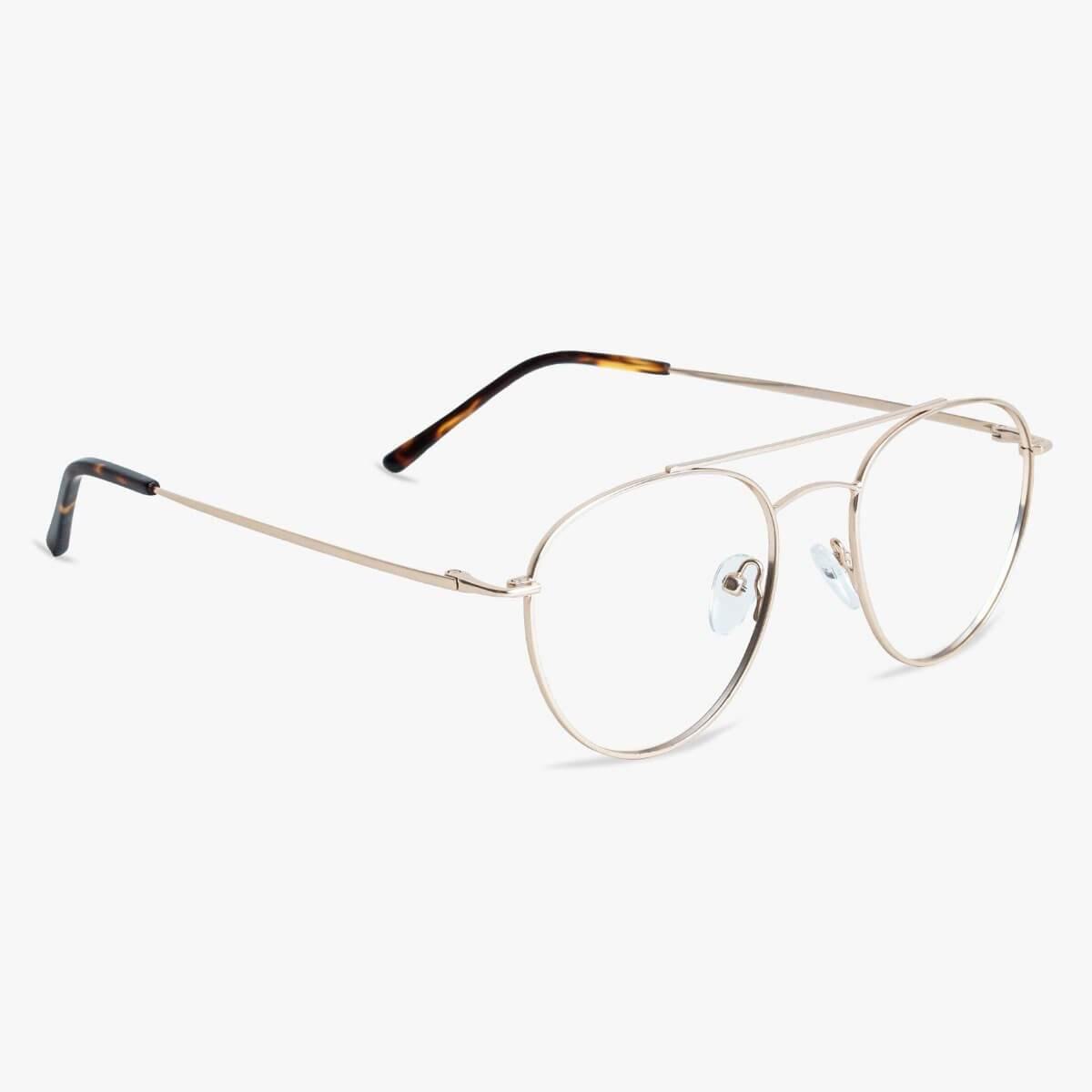 Gold metal frame glasses with round lenses and tortoise temple tips