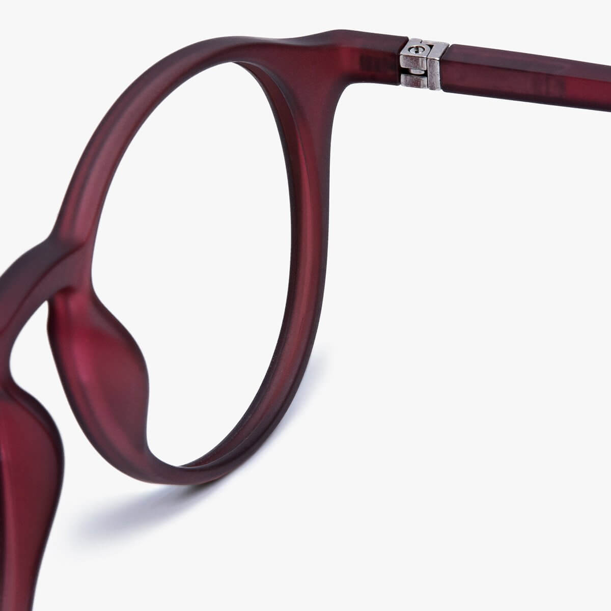 Close-up of Læsø red reading glasses frame