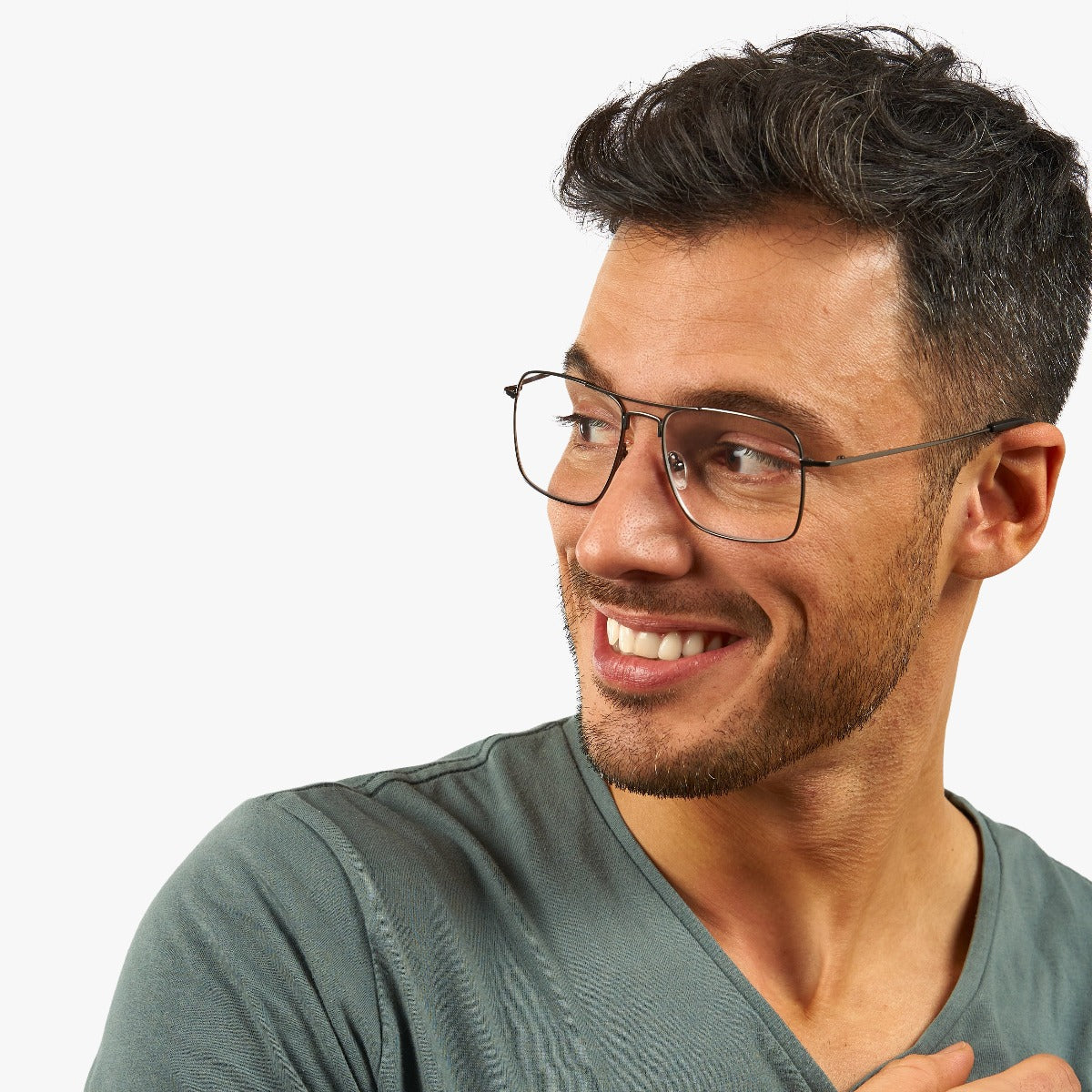 Person wearing rectangular metal reading glasses