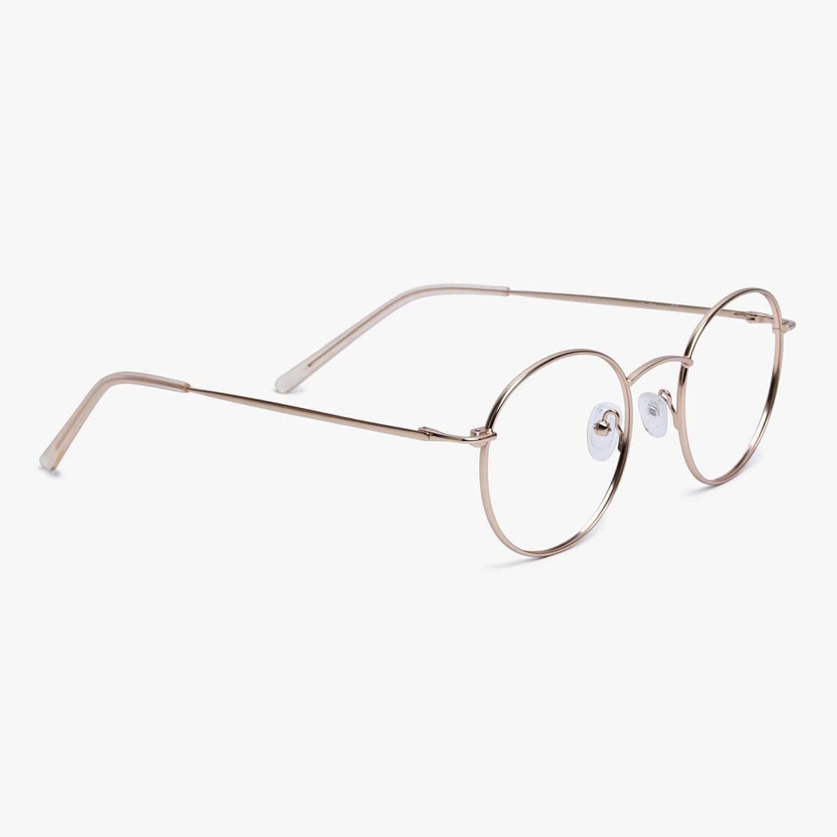 Round gold metal glasses with clear lenses and thin temples
