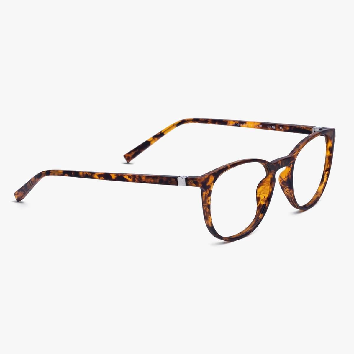 Tortoiseshell acetate reading glasses with round frames and silver accents