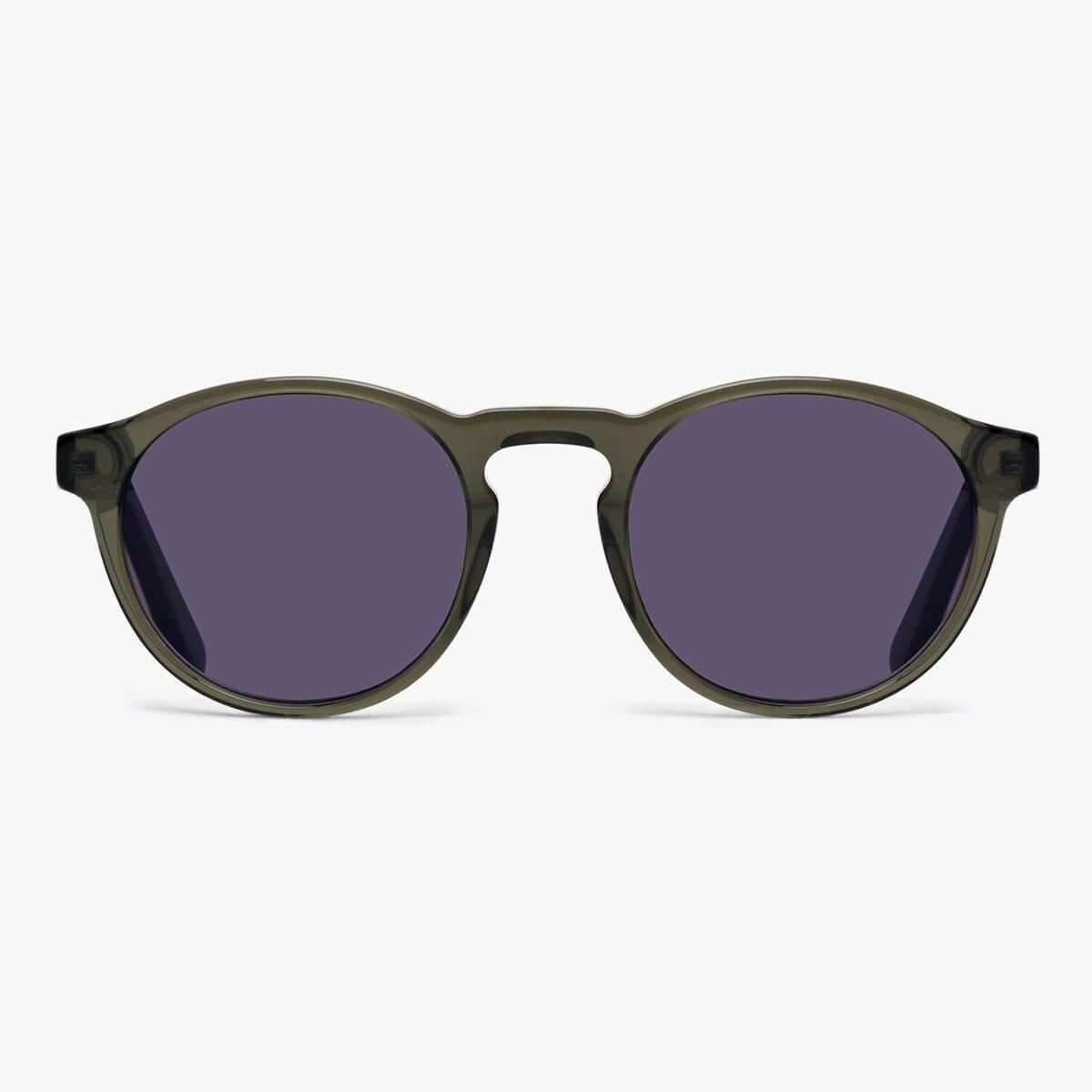 Round shiny olive sunglasses with a sleek design