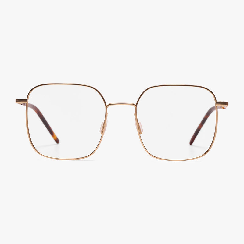 Square gold reading glasses with thin frame and tortoiseshell temples