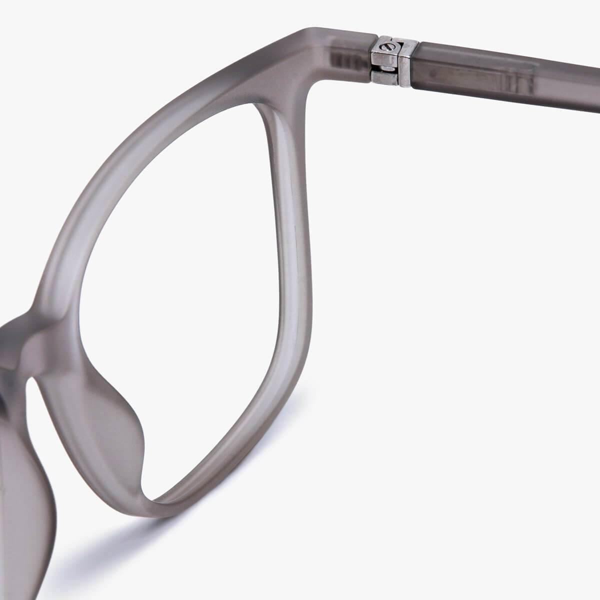 Close-up of Women's Fyn Grey glasses with translucent grey frame