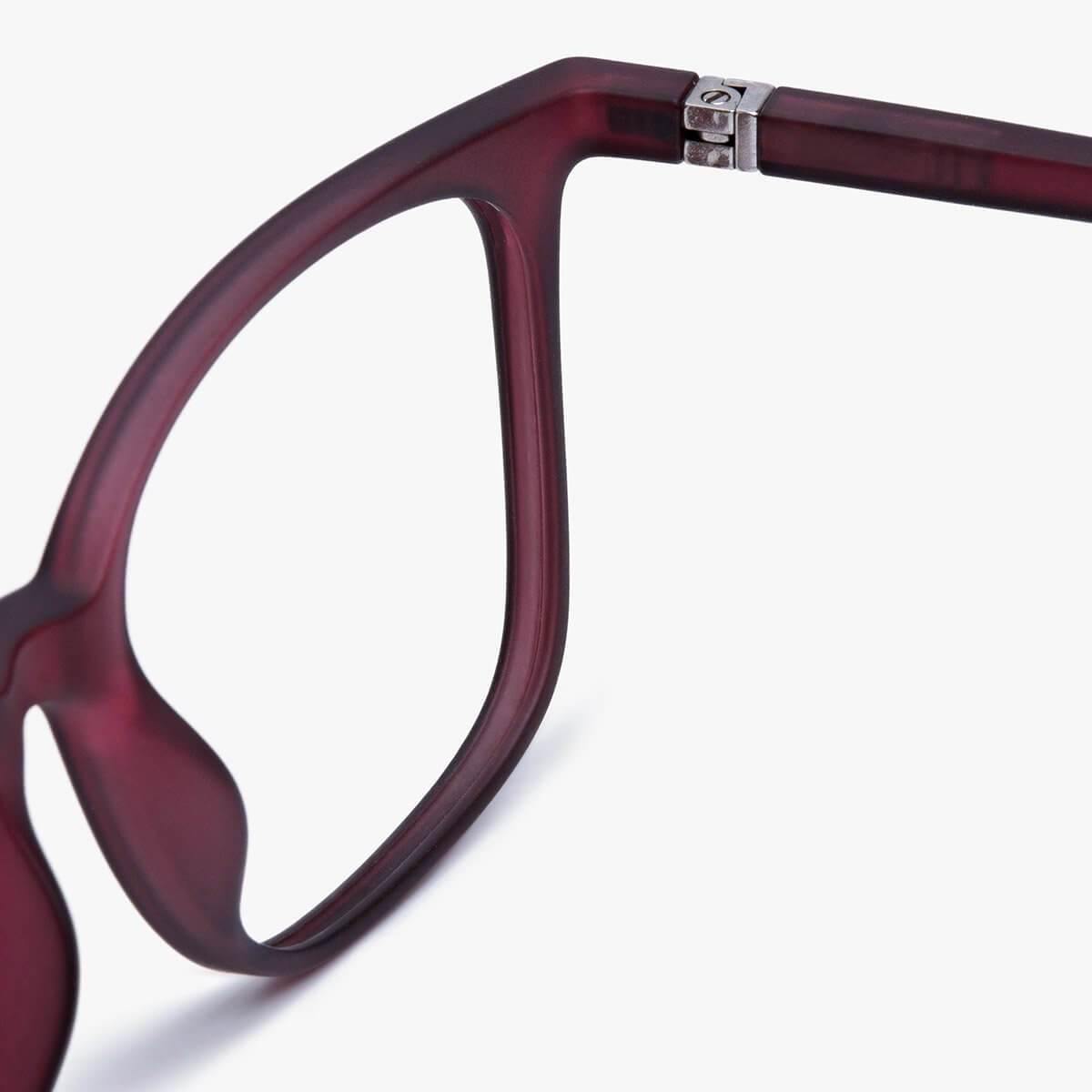 Close-up of Women's Fyn Red glasses frame in a rich burgundy color