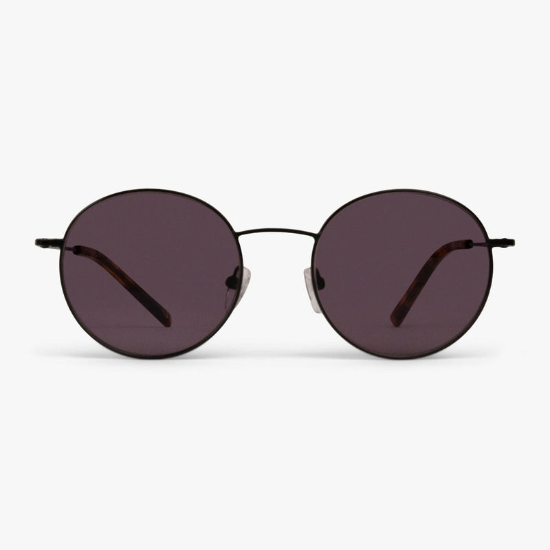 Round black sunglasses with dark lenses and thin frame