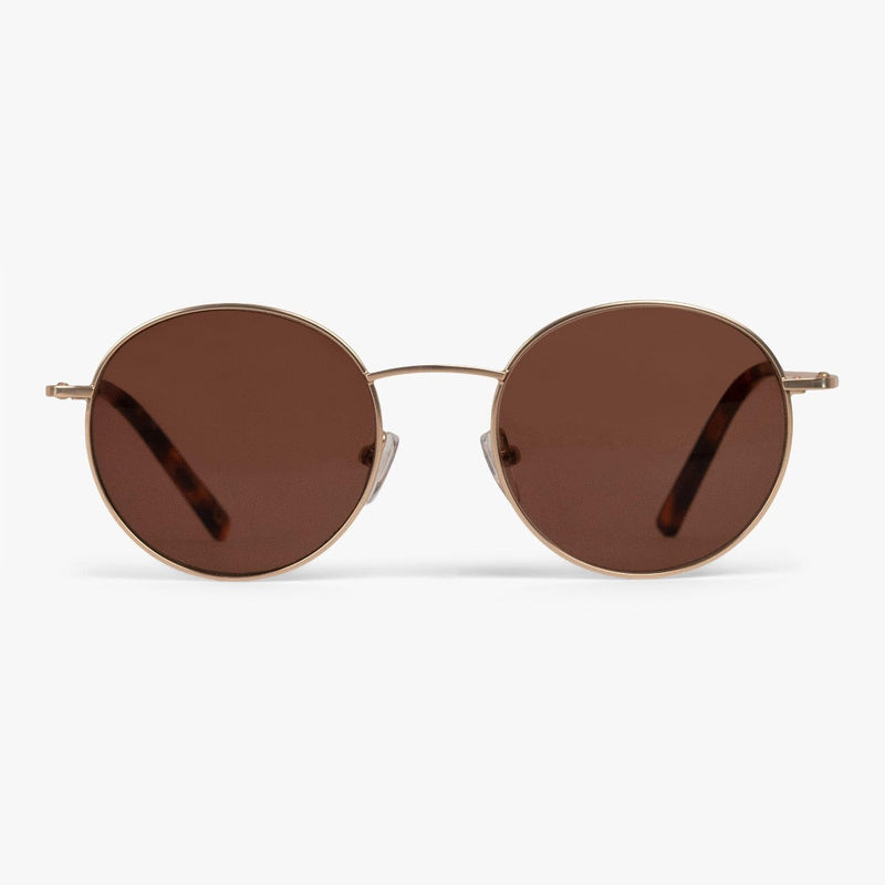 Round gold sunglasses with brown lenses and thin temples